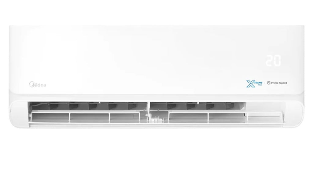 A white Midea wall-mounted air conditioner indoor unit with a digital display showing '20' and small blue certification logos on the right side, set against a plain white background.