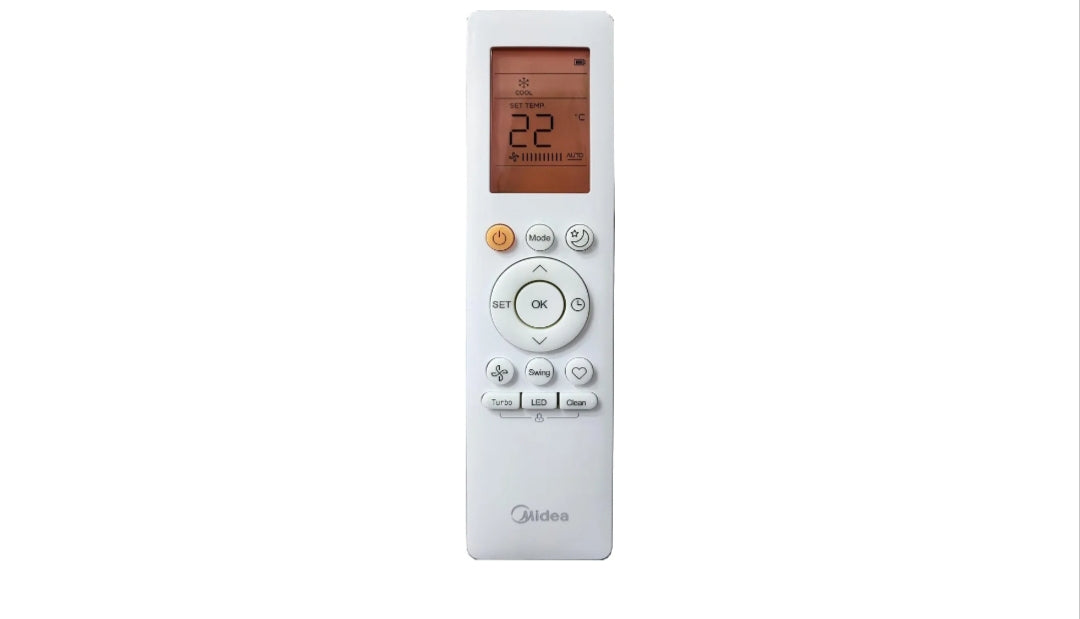A white Midea air conditioner remote control with a small orange LCD screen and multiple white buttons, shown against a plain white background.