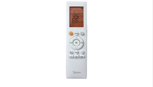 A white Midea air conditioner remote control with a small orange LCD screen and multiple white buttons, shown against a plain white background.