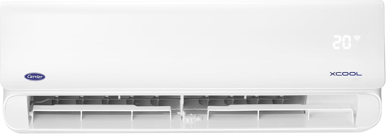 A white Carlier XCOOL split air conditioner indoor wall unit with a digital temperature display showing 20 degrees and the Carlier logo on the left | EStores 